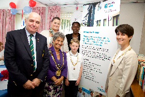 Left to right: Riverside�s Housing Advice Worker and veteran John Kelso, Riverside�s Regional Manager, Maureen Pringle, The Lord Mayor Cllr Erica Kemp, Beacon Support Worker Amy Marriner, the Junior Lord Mayor, and Lady Mayoress, Rachel Plant.