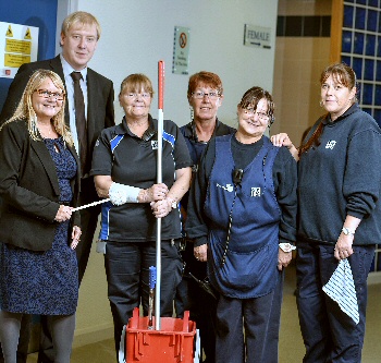 Church Square Shopping Centre deputy manager Margaret Jones, with the centres cleaning manager Rob Woods plus cleaning operatives  Jackie Hatton, Carol Thompson, Mary Lloyd and Sandra Wilson.