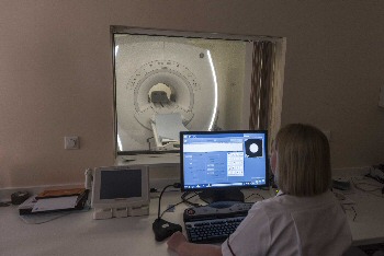 Second picture shows radiographers view into scanning suite.