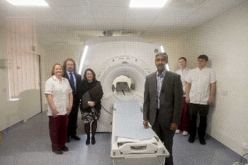 Superintendent Radiographer Janet Wallbank (left) and her staff in the MRI scanner suite with Trust chair Sue Musson and Executive Medical Director Rob Gillies (both second left) with Rajesh Gedela, Clinical Director for Radiology.