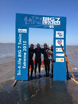 Image 5  Tri4Life members at the finish point of the first of seven swims, tired but triumphant.