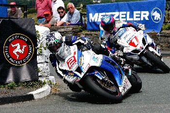 Dean Harrison leads Guy Martin during the 2014 Isle of Man Steam Packet Company International Southern 100 Road Races (Glynne Lewis)