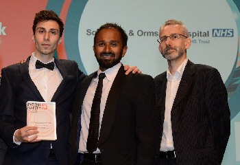 Left to right, Dr Andrew Falzon, Mr Rahul Mistry and editor of Health Service Journal Alastair McLellan at the Patient Safety Congress and Awards in Birmingham