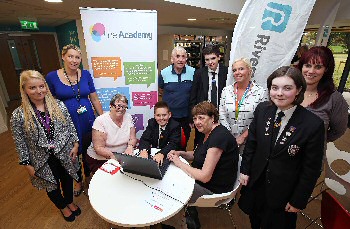 Photograph caption four: L-R: Gateacre IT Teacher Catherine Newall, Riverside Community Engagement Officer Lorna Cotterill, Jean Hindley, Michael Dobie, Patrick Goodison, Stephen Moss, Betty Miller, Radio Citys Caroline Greer, Beth Anderson and Gateacre Community Coordinator Lisa Mitchel. 