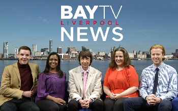 The news team at Bay TV Liverpool, in the studios at Windsor St, Liverpool. L-R: Nathan Griffiths, Charlene Smith, Peter Berry, Emily Bonner and Theo Browne.