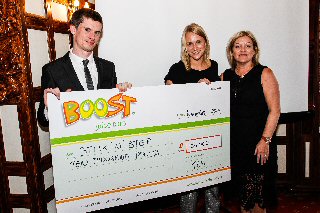 Photo caption (left to right): Matt Meaney, Fundraiser for Stick ?n? Step, Amy Couture, Stick ?n? Step CEO and Dawn O?Sullivan, Director of Boost Juice