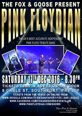 Pink Floydian live at the Fox and Goose on 17 December 2016, from 8:30pm. Tickets on sale ?8 on the door.