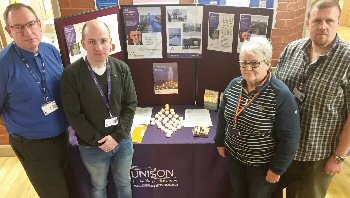 Picture shows Trust chaplain the Rev Martin Abrams; John Flannery; and Unison branch officers Lin Douglas and Trevor Jarman.