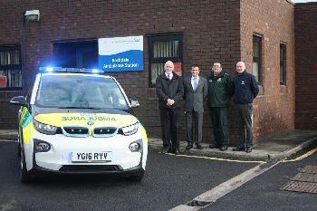 Stuart Rankine, Vehicle and Equipment Manager for NWAS, Neil Maher, Assistant Director Service Delivery Support for NWAS, Gary Eaton, Operations Manager for NWAS and Nick Withington, Regional Operations Manager for BMW Group test out the new electrically powered rapid response vehicle at Rochdale Ambulance Station.