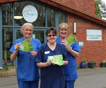 Caption (l-r): Hospices nurses and carers; Andrea Seddon, Angela Donoghue and Anne Foley celebrate the launch of the hospice’s Emerald Anniversary Draw.