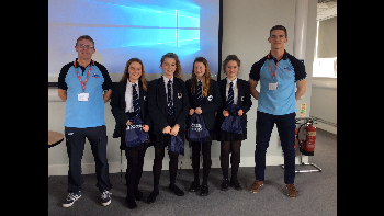 Charlotte Tims, Becky Spurry, Anna Taylor and Izzy Silverdale  winners of best team during their STEM workshop at Thornton Science Park  pictured with Flight Sergeant Mick Brooks (left) and Flying Officer Cameron-Johnson (right).