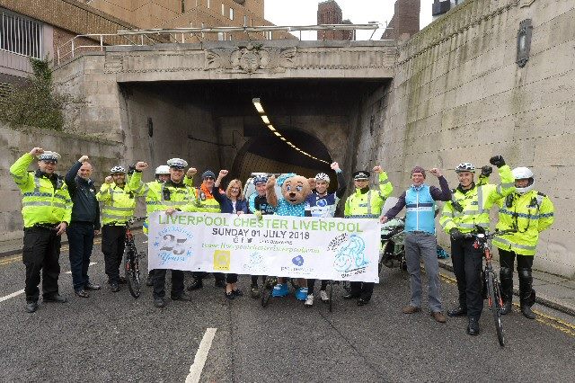 (left to right): Daniel Holdsworth of Merseyside Police - Safer Roads Team, Mersey Tunnels Police; Liz Chandler, Director of Corporate Development at Merseytravel; Dave Parry, Bike Factory – Official Event Mechanics; Claire Bear, Claire House Children's Hospice Mascot; Mark Sandamas, Director of Pennine Events Ltd – organisers of the LCL Bike Ride; Ian Critchley, Assistant Chief Constable of Merseyside Police; Graham Ward, Thatto Cycles/Bikes you Like – Official Event Mechanics