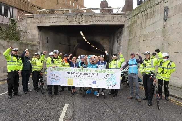 (left to right): Daniel Holdsworth of Merseyside Police - Safer Roads Team, Mersey Tunnels Police; Liz Chandler, Director of Corporate Development at Merseytravel; Dave Parry, Bike Factory  Official Event Mechanics; Claire Bear, Claire House Children's Hospice Mascot; Mark Sandamas, Director of Pennine Events Ltd  organisers of the LCL Bike Ride; Ian Critchley, Assistant Chief Constable of Merseyside Police; Graham Ward, Thatto Cycles/Bikes you Like  Official Event Mechanics