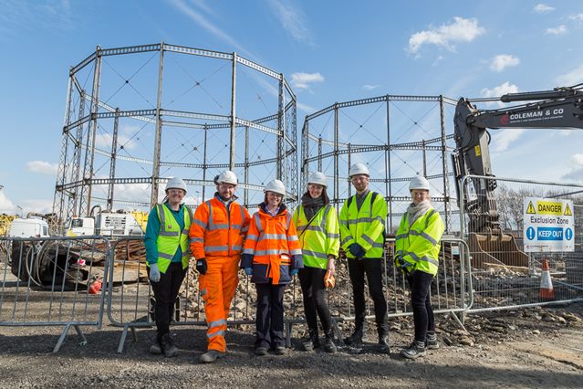 L to R: Sarah Helby (Land Regeneration Advisor - National Grid) Paul Quance (Contracts Director  The Coleman Group), Leigh Ward (Gasholder Demolition Advisor  National Grid) students Lise, Mikkel and Eline at the Wavertree site.