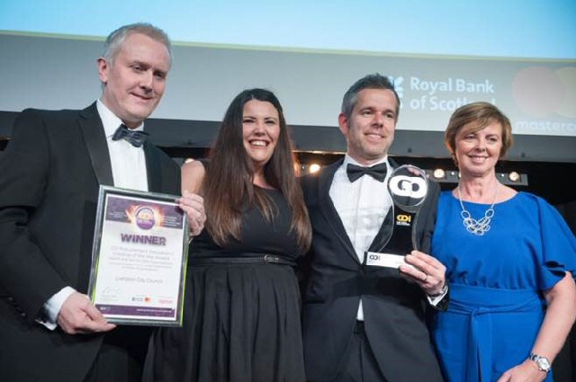 Picking up the award are Liverpool City Council Head of Procurement Trevor Ingham and project team members Kimberley Fisher, Brian Monk and Lorraine Cross.