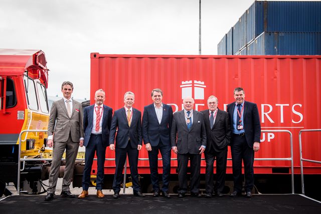 Left to right: Jouke Schaap, Peel Ports Container Director; Roger Neary, DB Cargo UK; Patrick Walters Chief Operating Officer, Peel Ports Group; Metro Mayor Steve Rotherham; Vice Lord-Lieutenant David O'Donnell CBE DL; Lord Prescott; Warren Marshall, Peel Ports Group Planning Director.