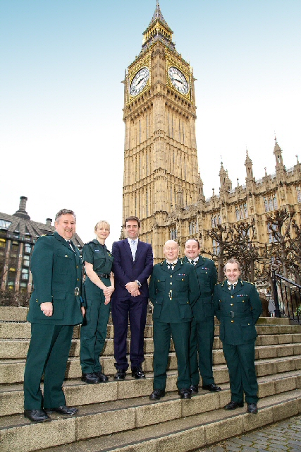 Andrew Redgrave (far left) with fellow NWAS colleagues and Mayor of Greater Manchester, Andy Burnham outside the House of Commons in 2015 at a lobbying event to push for basic life support education.