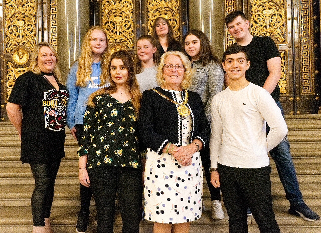 Lord Mayor of Liverpool Cllr Christine Banks welcomes the Young Heritage Champions to St Georges Hall. Pictured with the mayor are Youth worker Gill Deakin, Abbie Daniels, 13, Faith McCabe, 17, Lucy Nuttall, 14, Cllr Alice Bennett, Rebekka Hughes, 16, Daniel Hinnigan, 15, and Yaman Awaza, 15. 