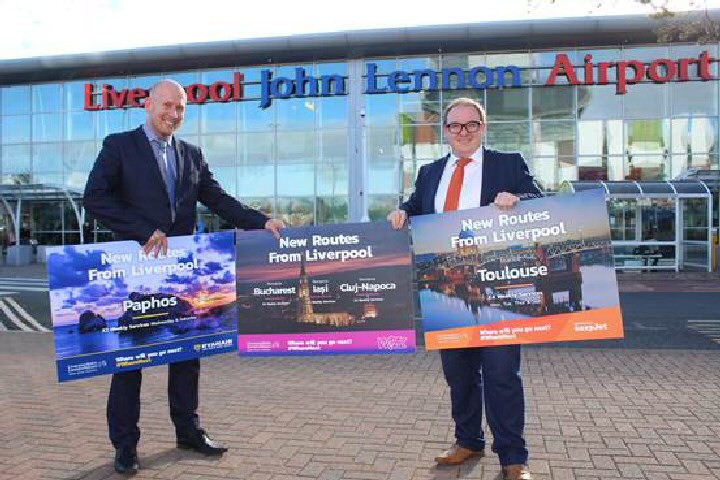 LJLA's Air Service Development Director Paul Winfield (Left) and LJLA's Air Service Development Manager Declan Maguire (right) celebrate the 5 new routes.