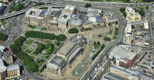 An aerial view of the Churchill way flyovers in Liverpool, 2017.