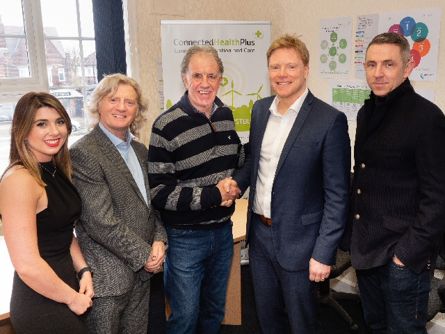 Pictured left to right: Amy McEvoy, Registered Manager, Connected Health Plus; Douglas Adams, CEO, Connected Health Group; Mark Lawrenson, Liverpool FC Legend; Tim Jones, Managing Director, Connected Health Plus and Gareth Farrelly, former Everton FC footballer. 