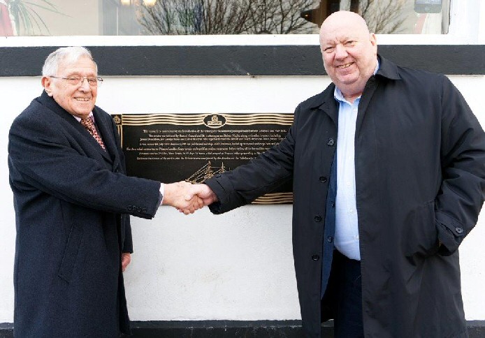 Jack Stamper and Mayor of Liverpool Joe Anderson at the new plaque outside The Coburg pub.