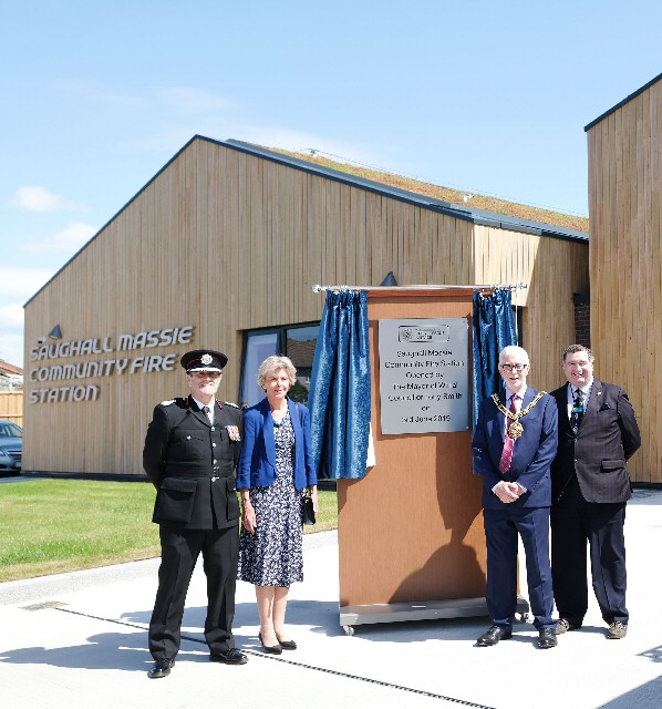 Chief Officer Phil Garrigan, Wirral Mayoress Barbara Smith, Wirral Mayor Cllr Tony Smith and Cllr Les Byrom, Chair of Merseyside Fire & Rescue Authority 