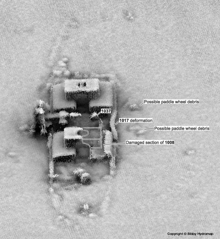 Multibeam image showing the damage to the Lelia, a 19th century paddle steamer which has just been granted heritage protection by the Department for Digital, Culture, Media and Sport on the advice of Historic England. Copyright  Bibby Hydromap.