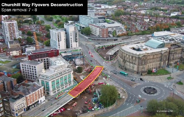 The complex removal of Liverpools Churchill Way flyovers will hit a key landmark next week - as engineers reach the halfway stage.