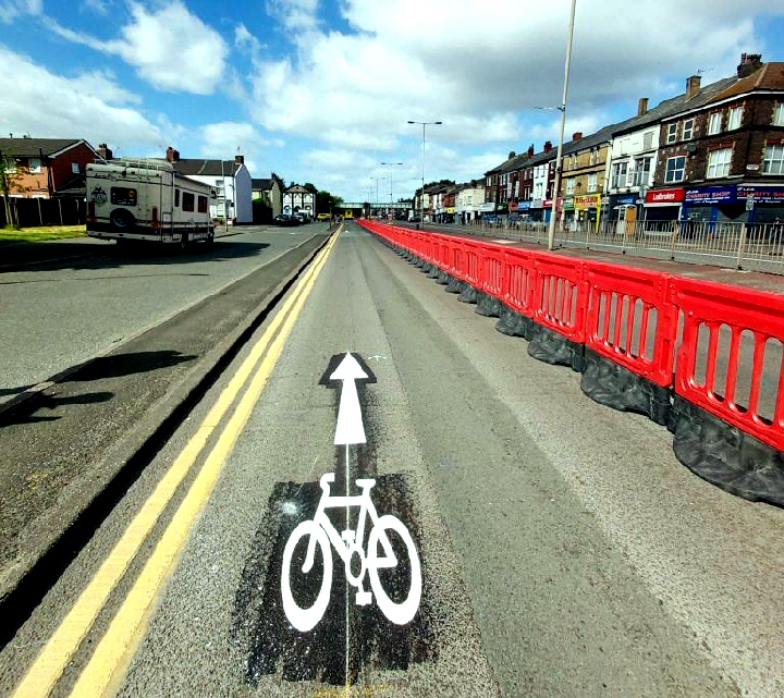 Bikes: The pop up cycle lane on West Derby Road, which was installed in May.